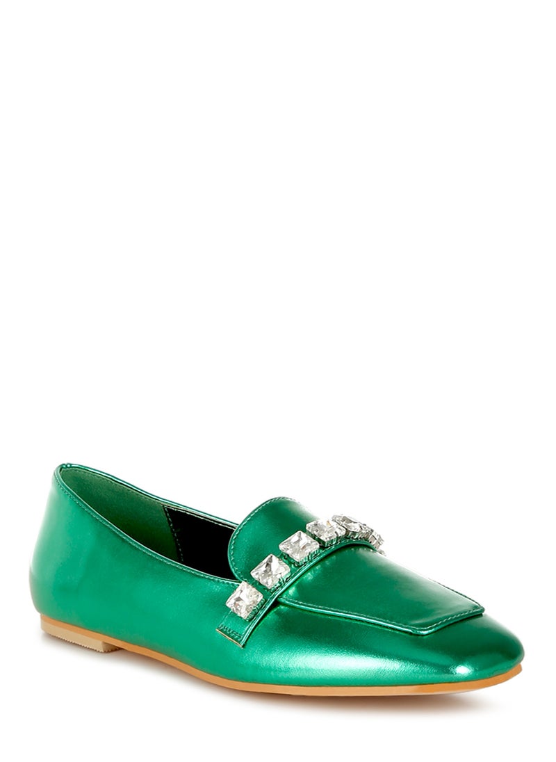 London Rag Metallic Diamante Strap Loafers in Green  - Image 2