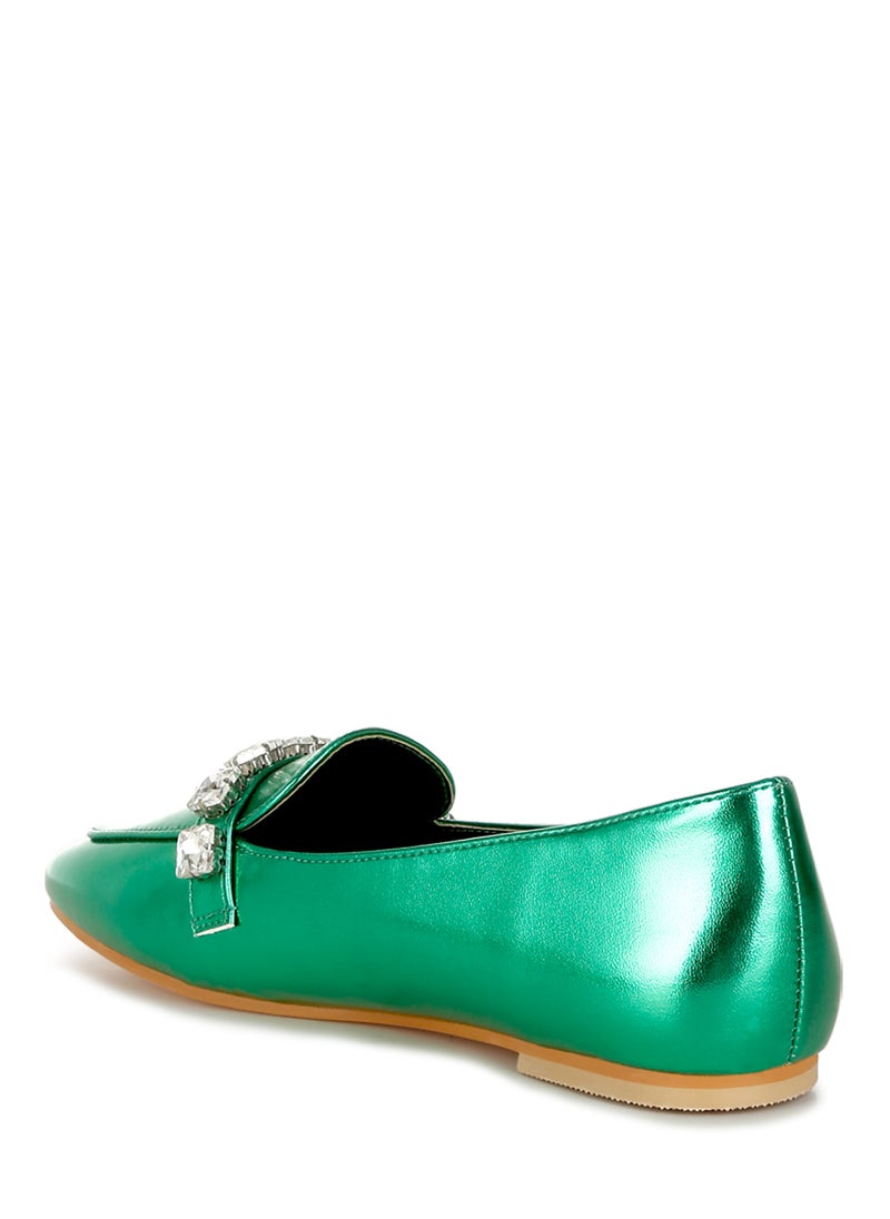 London Rag Metallic Diamante Strap Loafers in Green  - Image 3