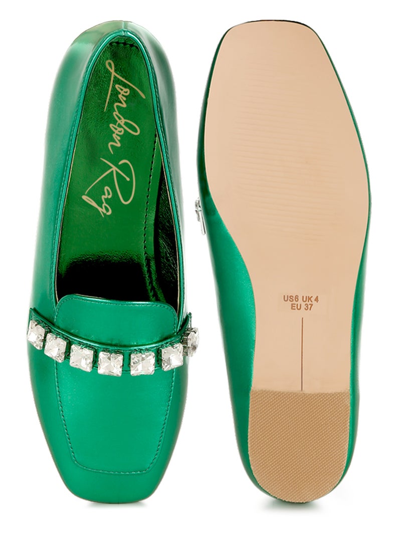 London Rag Metallic Diamante Strap Loafers in Green  - Image 4