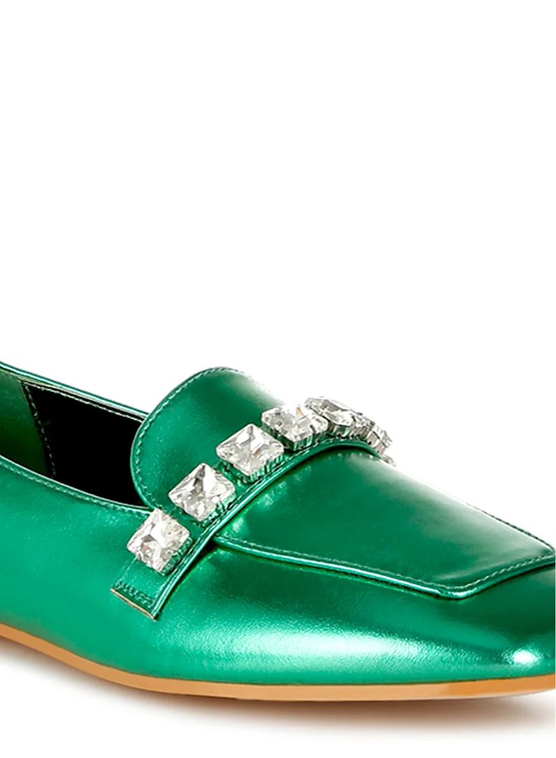 London Rag Metallic Diamante Strap Loafers in Green