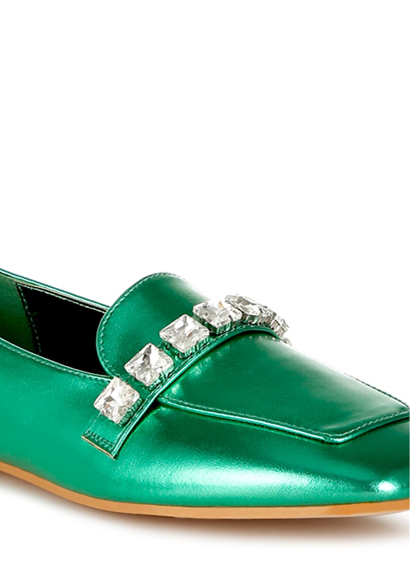 London Rag Metallic Diamante Strap Loafers in Green  - Image 5