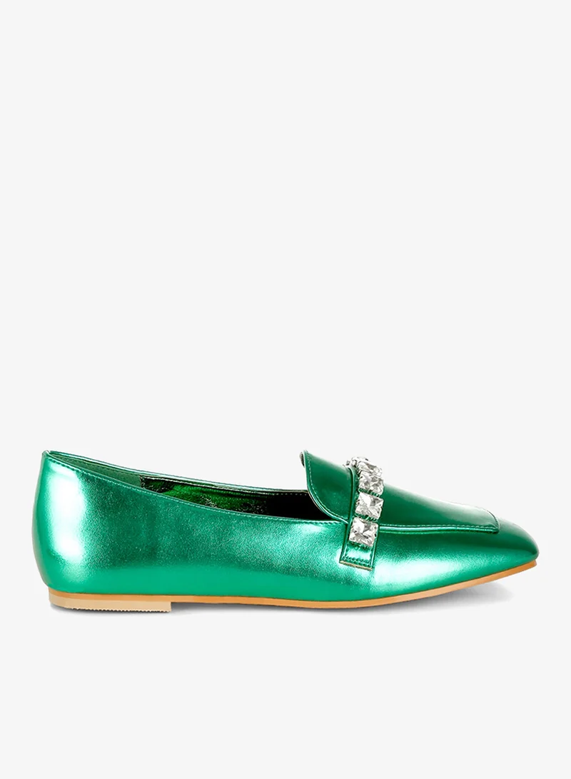 Metallic Diamante Strap Loafers in Green