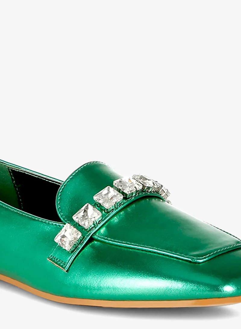 London Rag Green Metallic Diamante Strap Loafers in Green for Women | Best Price UAE