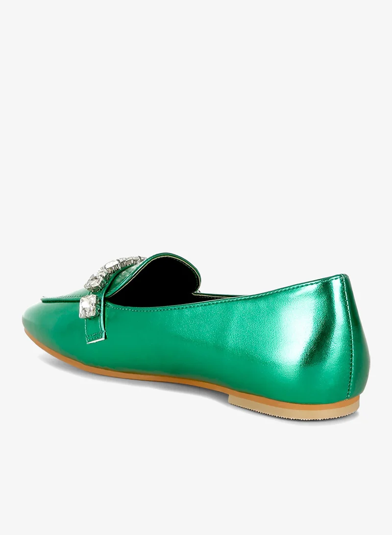 London Rag Green Metallic Diamante Strap Loafers in Green for Women | Best Price UAE