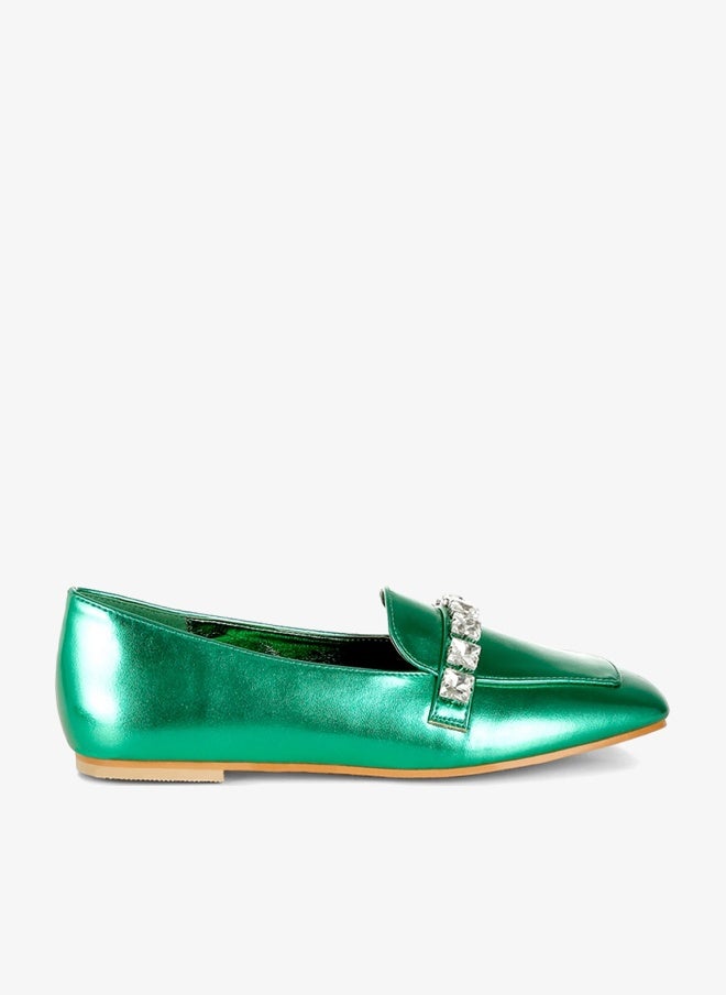 London Rag Metallic Diamante Strap Loafers in Green - Image 1