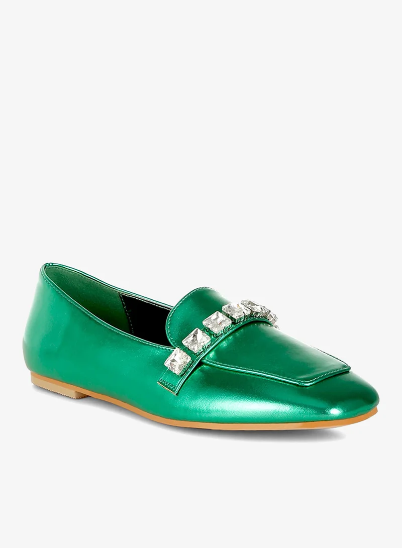 London Rag Green Metallic Diamante Strap Loafers in Green for Women | Best Price UAE