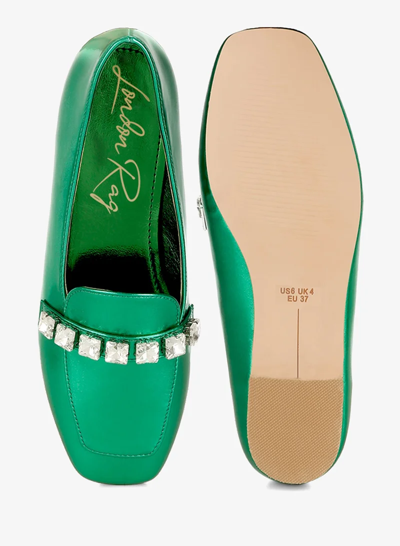 London Rag Green Metallic Diamante Strap Loafers in Green for Women | Best Price UAE