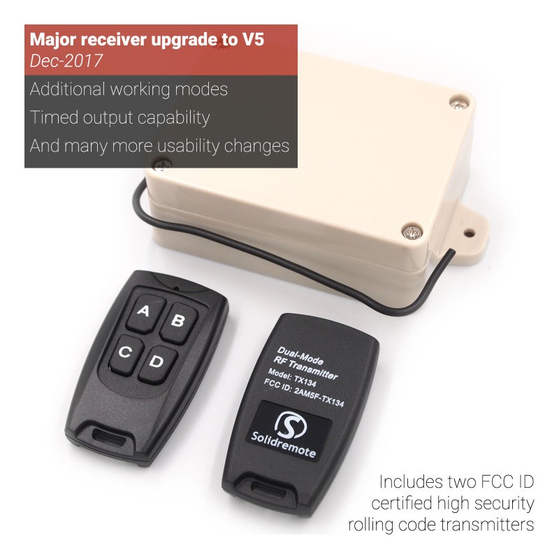 Solidremote 12V - 24V Secure Wireless RF Remote Control Relay Switch Universal 2-Channel Receiver with 2 Transmitters for Garage Door Openers, LED Lights etc (KIT-1) - Image 3