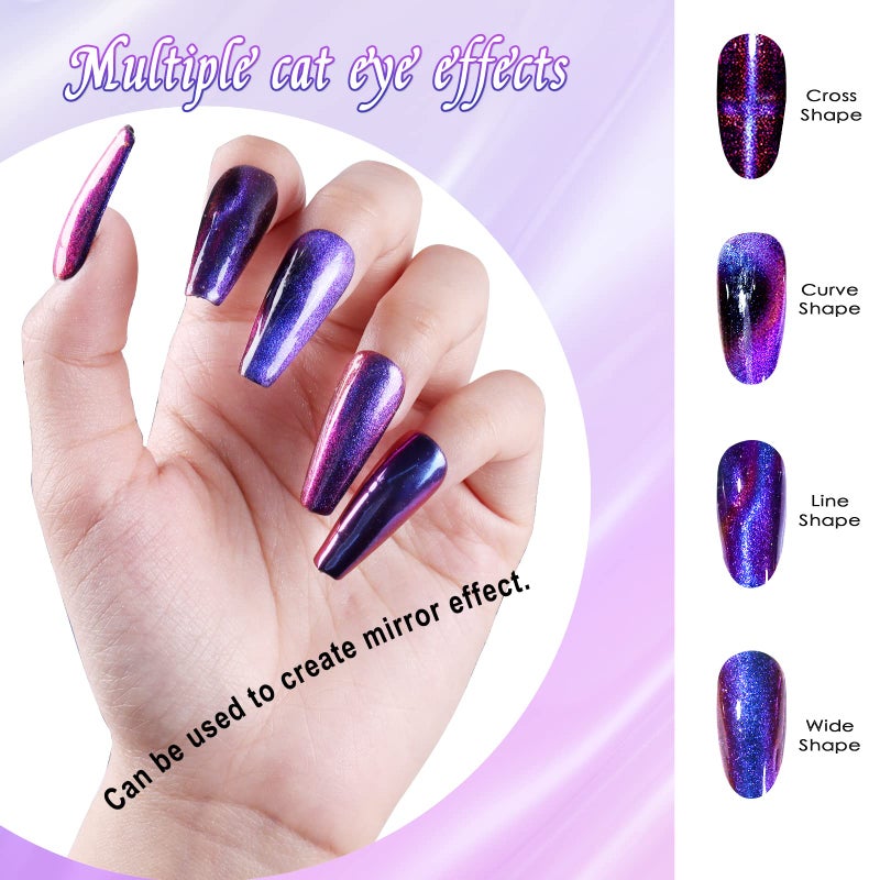 Laza Cat Eye Chrome Nail Powder Chameleon Magnetic Powder 9D Cat Eye Mirror Effect Pigment Dust Magic Galaxy Holographic Effect Glitter with Magnetic Stick for Velvet Nail Art - Red, Purple, Blue - Image 2