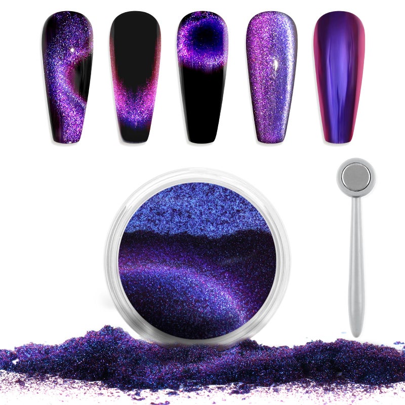 Laza Cat Eye Chrome Nail Powder Chameleon Magnetic Powder 9D Cat Eye Mirror Effect Pigment Dust Magic Galaxy Holographic Effect Glitter with Magnetic Stick for Velvet Nail Art - Red, Purple, Blue - Image 1