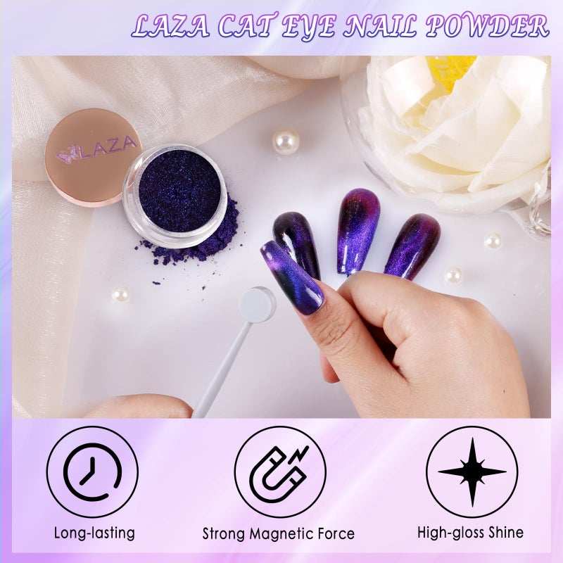 Laza Cat Eye Chrome Nail Powder Chameleon Magnetic Powder 9D Cat Eye Mirror Effect Pigment Dust Magic Galaxy Holographic Effect Glitter with Magnetic Stick for Velvet Nail Art - Red, Purple, Blue - Image 3