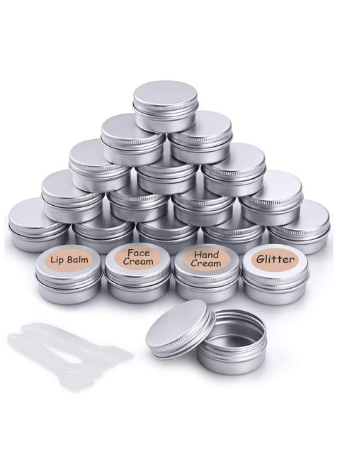 Cosmetic Jars With Lids 20pcs Empty Cosmetics Container Pots Aluminium Tin Jars with Screw Lids Labels and Mini Spatula for Cream, Sample Powder Makeup Storage (20ml)
