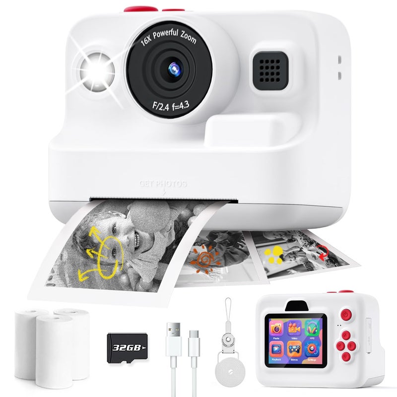 Dylanto Instant Print Camera for Kids,2.4 Inch Screen Kids Instant Cameras, Christmas Birthday Gifts for Girls Age 3-12, Portable Toddler Toy for 3 4 5 6 7 8 9 10 Year Old Girls Boys White - Image 1