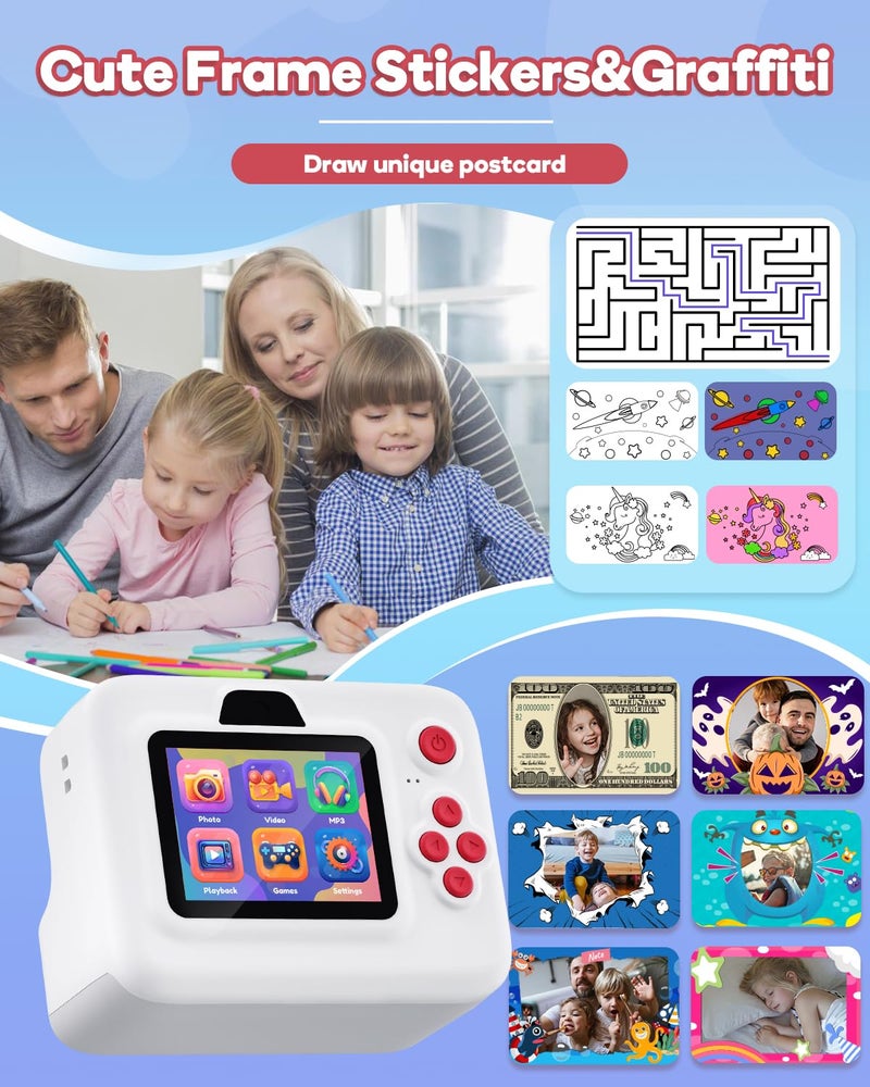 Dylanto Instant Print Camera for Kids,2.4 Inch Screen Kids Instant Cameras, Christmas Birthday Gifts for Girls Age 3-12, Portable Toddler Toy for 3 4 5 6 7 8 9 10 Year Old Girls Boys White - Image 3