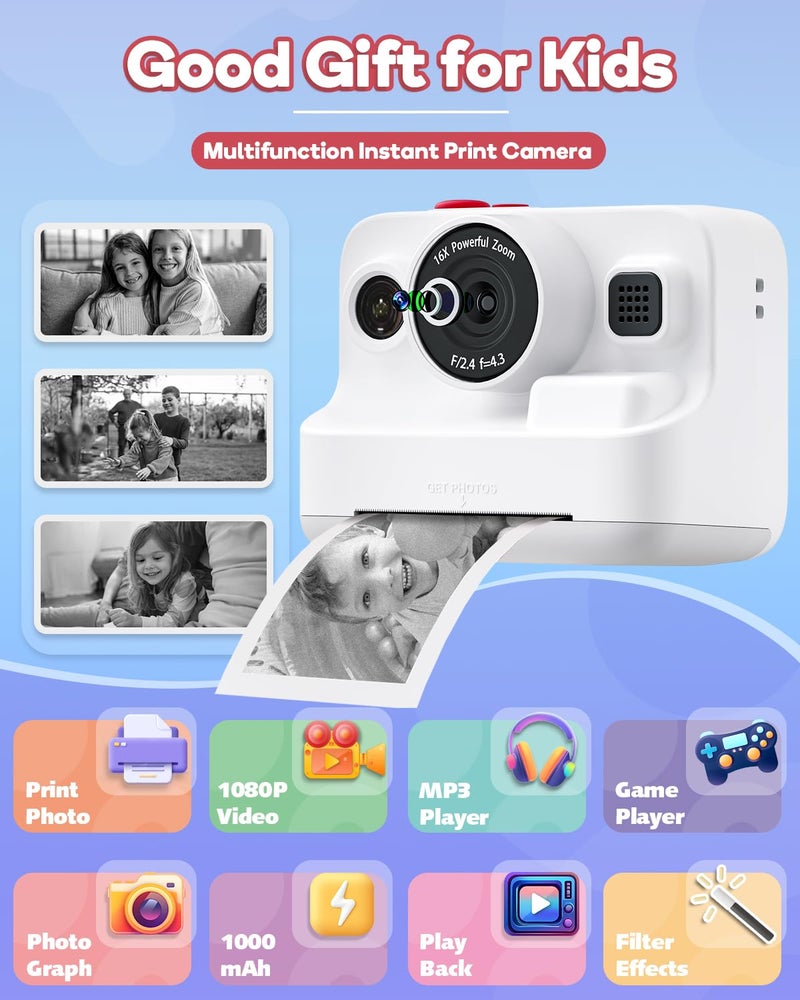 Dylanto Instant Print Camera for Kids,2.4 Inch Screen Kids Instant Cameras, Christmas Birthday Gifts for Girls Age 3-12, Portable Toddler Toy for 3 4 5 6 7 8 9 10 Year Old Girls Boys White - Image 2