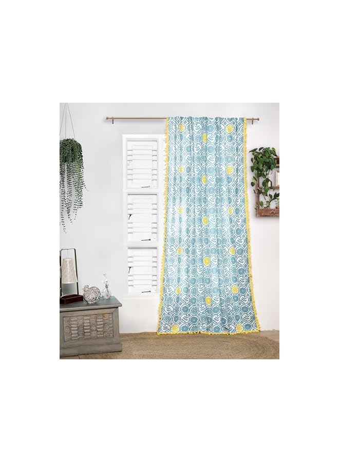 Green Tiger Pure Cotton curtains for Door, 60-65% Room Darkening, Bohemian Tasseled, Geometric Print (Anya: Blue & Yellow) -7 Feet, 1 Piece (Length 213 cm) - with Back Tab - Image 2