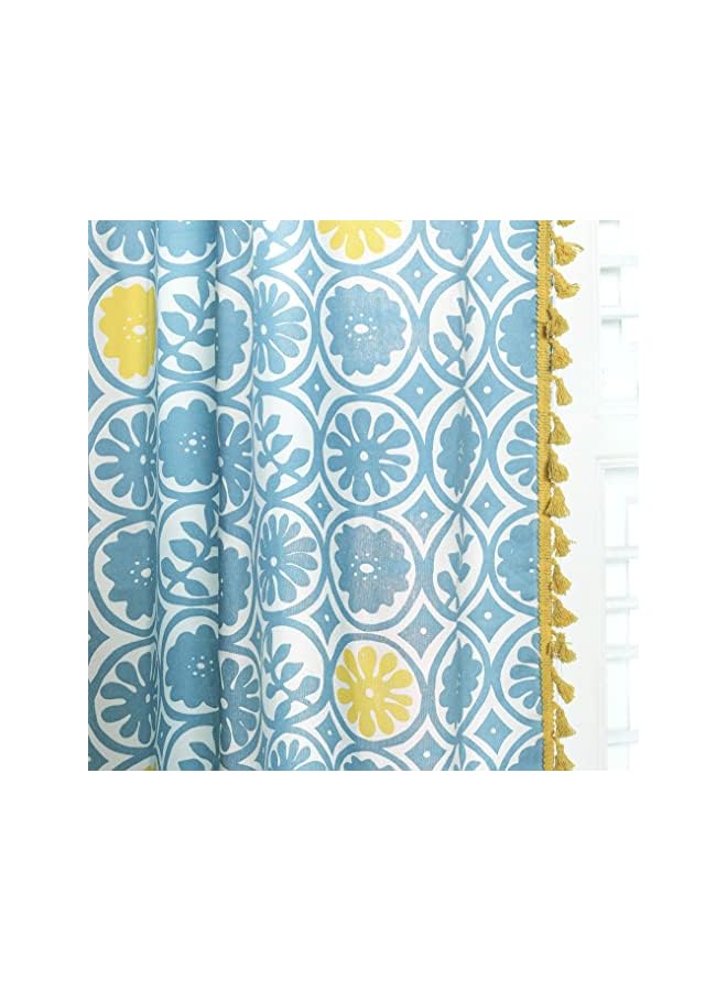 Green Tiger Pure Cotton curtains for Door, 60-65% Room Darkening, Bohemian Tasseled, Geometric Print (Anya: Blue & Yellow) -7 Feet, 1 Piece (Length 213 cm) - with Back Tab - Image 3