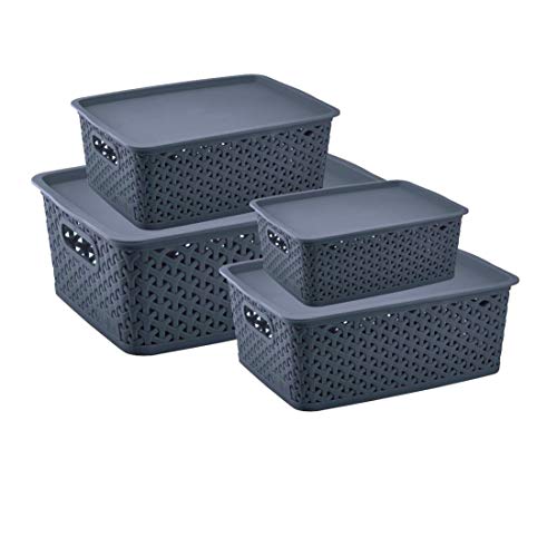 Nabhya Combo Of 4 Multi-Size Multipurpose Basket Storage Premium Plastic With LID Storage Basket Storage Basket (4 Piece Set, Navy) - Image 1