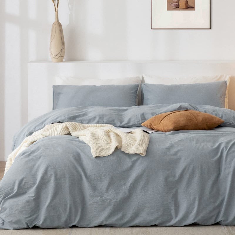 TIPTOE BEAR King Duvet Cover Set 100 Washed Cotton 3 Pcs Soft Comfy Breathable Chic Linen Feel Bedding 1 Duvet Cover and 2 Pillow Shams Cornflower Blue