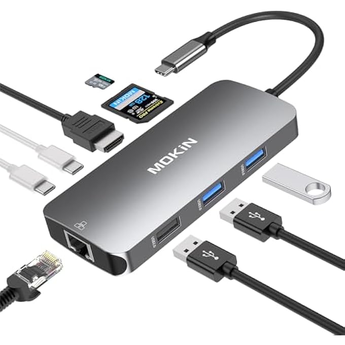 Mokin USB C HUB MULTIPORT ADAPTER FOR MACBOOK/DELL/HP, 9 IN 1 USB C DONGLE LAPTOP DOCKING STATION WITH 4K HDMI ETHERNET, LAPTOP ADAPTER 3 USB PORT, 100W PD CHARGING, SD/TF - Image 1