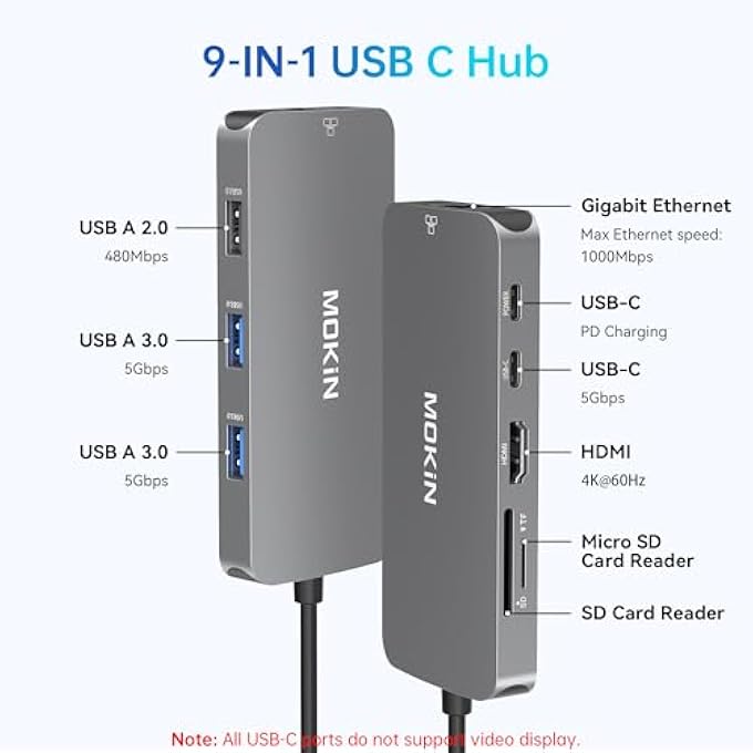 Mokin USB C HUB MULTIPORT ADAPTER FOR MACBOOK/DELL/HP, 9 IN 1 USB C DONGLE LAPTOP DOCKING STATION WITH 4K HDMI ETHERNET, LAPTOP ADAPTER 3 USB PORT, 100W PD CHARGING, SD/TF - Image 3