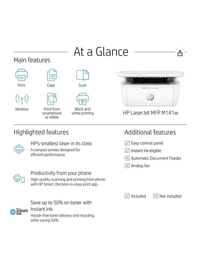 HP طابعة ليزر جيت MFP M141w باللون الأبيض أبيض - Image 2