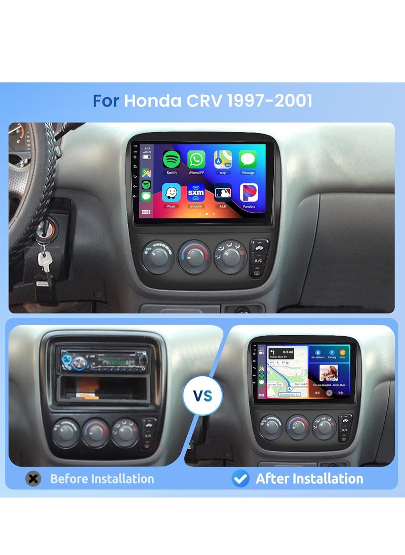 8 Core 4+64G Android Car Radio for Honda CRV 1997-2001 with Wireless Carplay Android Auto Car Stereo, 9’’ Touch Screen Head Unit Mirror Link GPS WiFi Bluetooth FM RDS DSP AHD Backup Camera SWC MIC