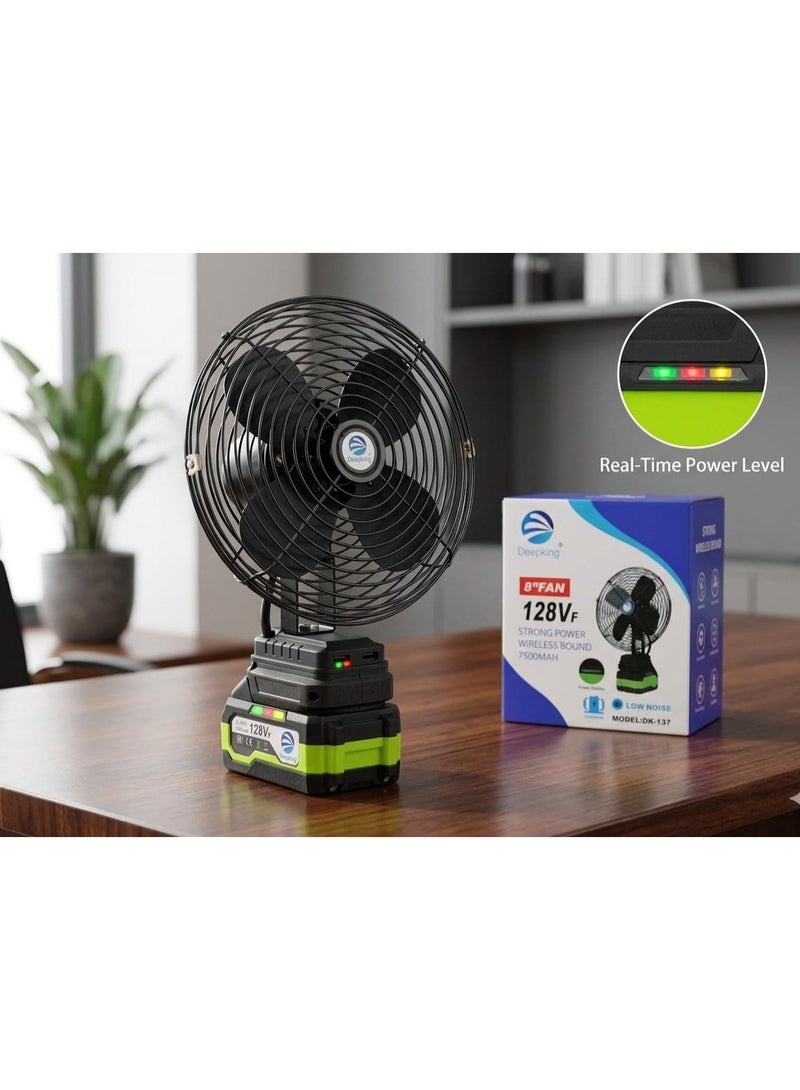 Deepking Portable High-Power Rechargeable Metal Fan with 128V ,7500MAH Lithium Battery – Industrial-Grade Cordless Fan for Indoor & Outdoor Use, Strong Airflow, Adjustable Speed, Quiet Operation – Ideal for Camping, Garage, Workshop, Travel, Emergency - Image 3