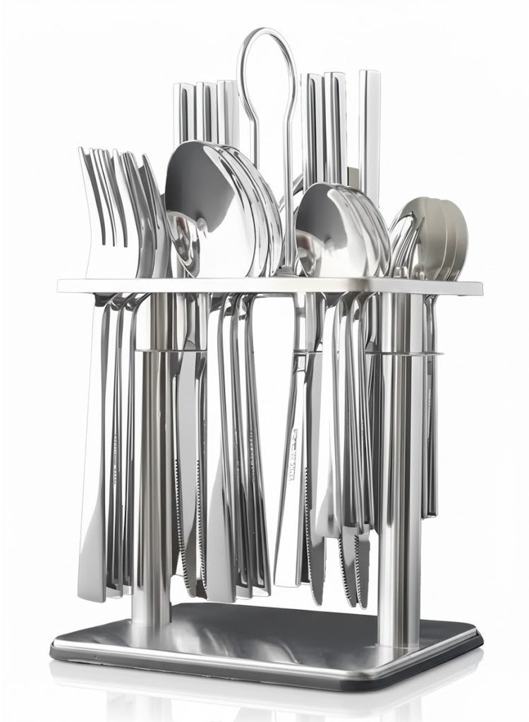 طقم أدوات مائدة مكون من 24 قطعة مع حامل أدوات مائدة مع سكين وشوكة وملعقة - مثالي للمنزل والفندق والمطعم والمزيد - Image 1