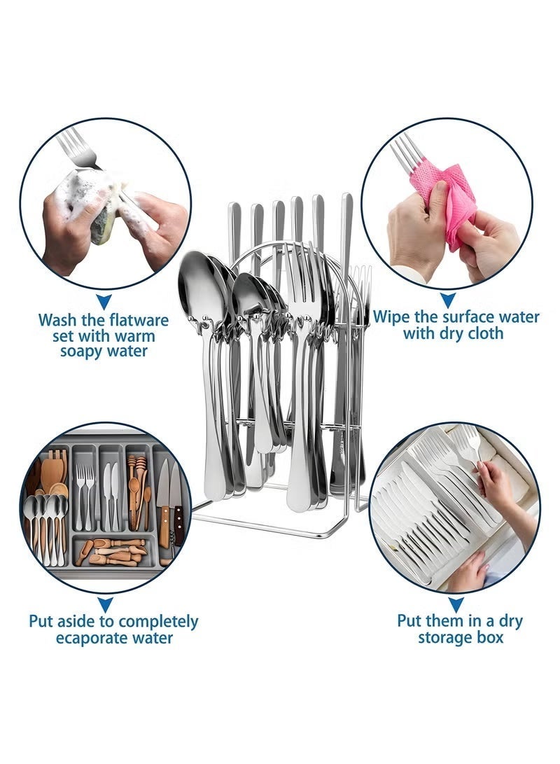 طقم أدوات مائدة مكون من 24 قطعة مع حامل أدوات مائدة مع سكين وشوكة وملعقة - مثالي للمنزل والفندق والمطعم والمزيد - Image 5