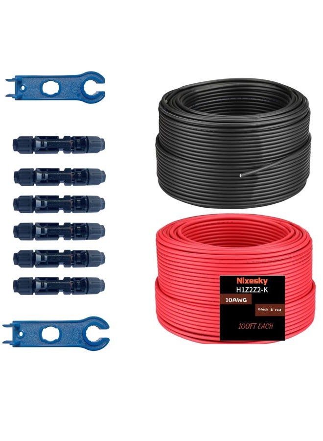 Nixesky كابل تمديد للطاقة الشمسية 100 قدم 30 متر 10AWG، 100 قدم أسود + 100 قدم أحمر 6mm² مع موصلات مقاومة للماء للذكور والإناث لمركبات RV، أنظمة الطاقة الكهروضوئية، مجموعة من 6 (100، أسود أحمر) - Image 1