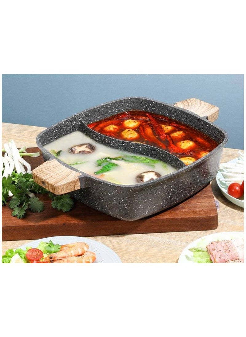 Generic - 2x1 Granite Divided Pot with Lid and Wooden Handle - Original Heavy Duty Material - Prepares Two Dishes at Once - Non-Stick - Perfect Heat Distribution - Image 1