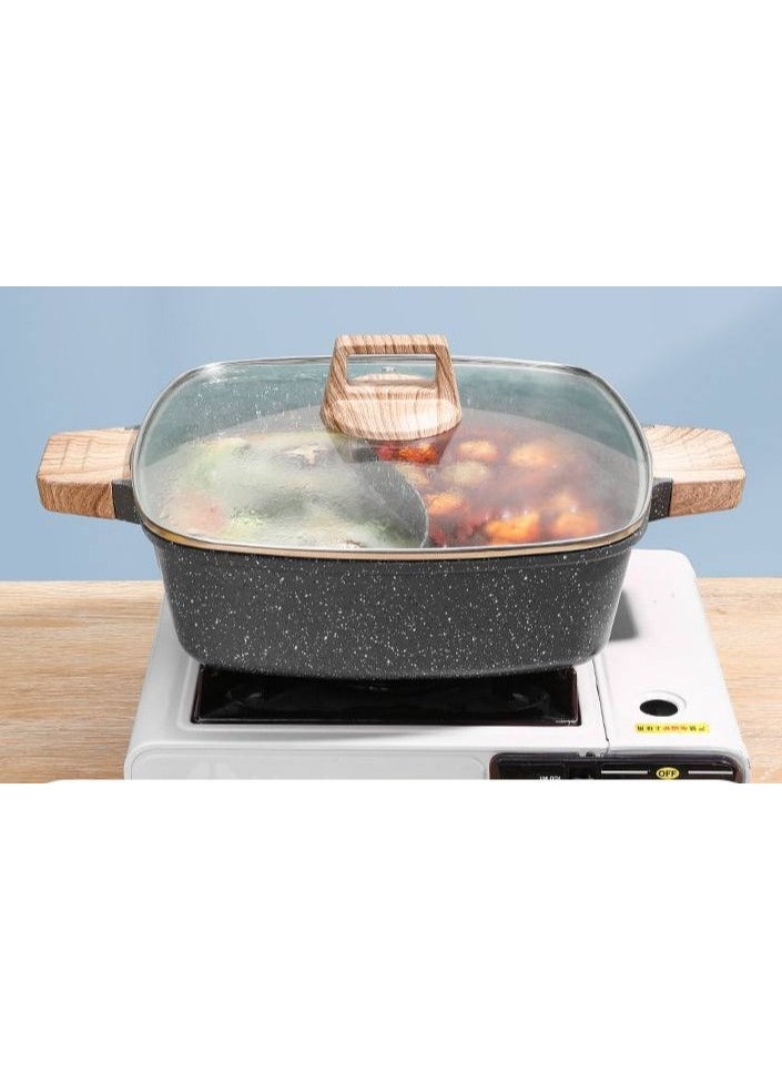 Generic - 2x1 Granite Divided Pot with Lid and Wooden Handle - Original Heavy Duty Material - Prepares Two Dishes at Once - Non-Stick - Perfect Heat Distribution - Image 1