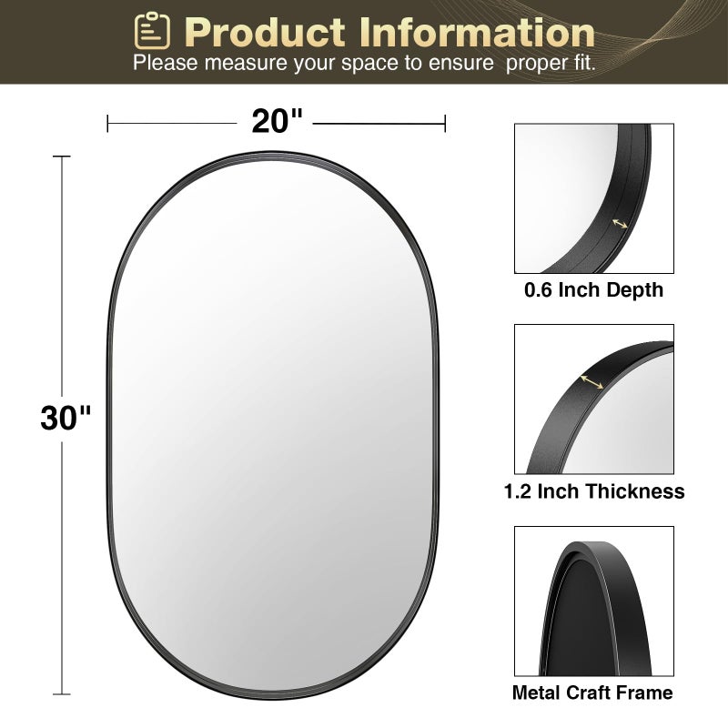 Brightify Black Oval Mirror for Bathroom Vanity 20x30 Inch, Matte Black Bathroom Mirrors for Wall Metal Frame, Wall Mounted Mirror for Bedroom Living Room Wall Decorative Hang Vertical and Horizontal - Image 5