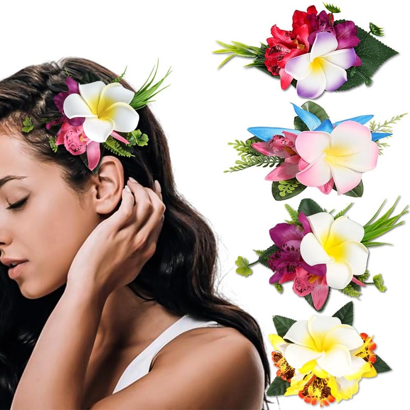Ahoney Hawaiian Plumeria Flower Hair Accessories for Women and Girls - 4 Pieces Artificial Flower Barrettes and Pins for Beach, Luau Outfits, Party Hairstyles, and Decor - Image 1