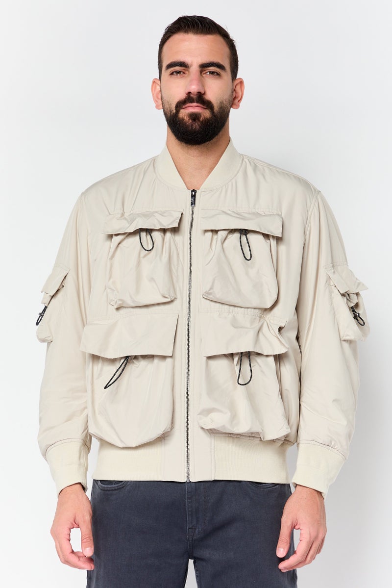 Selected Homme Men Oversized Solid Bomber Jacket, Beige - Image 1