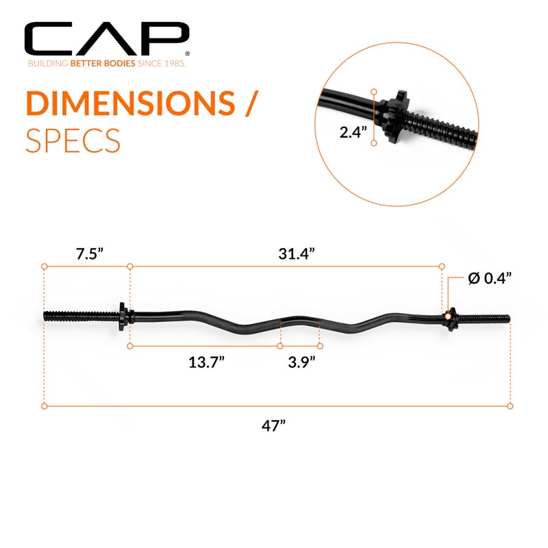 CAP Barbell 47-Inch Standard Threaded Solid Easy Curl Bar, Black - Image 4
