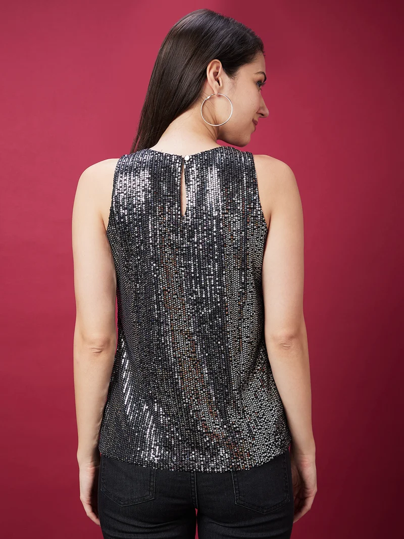globus Women Knitted Sequinned Stripe Party Top