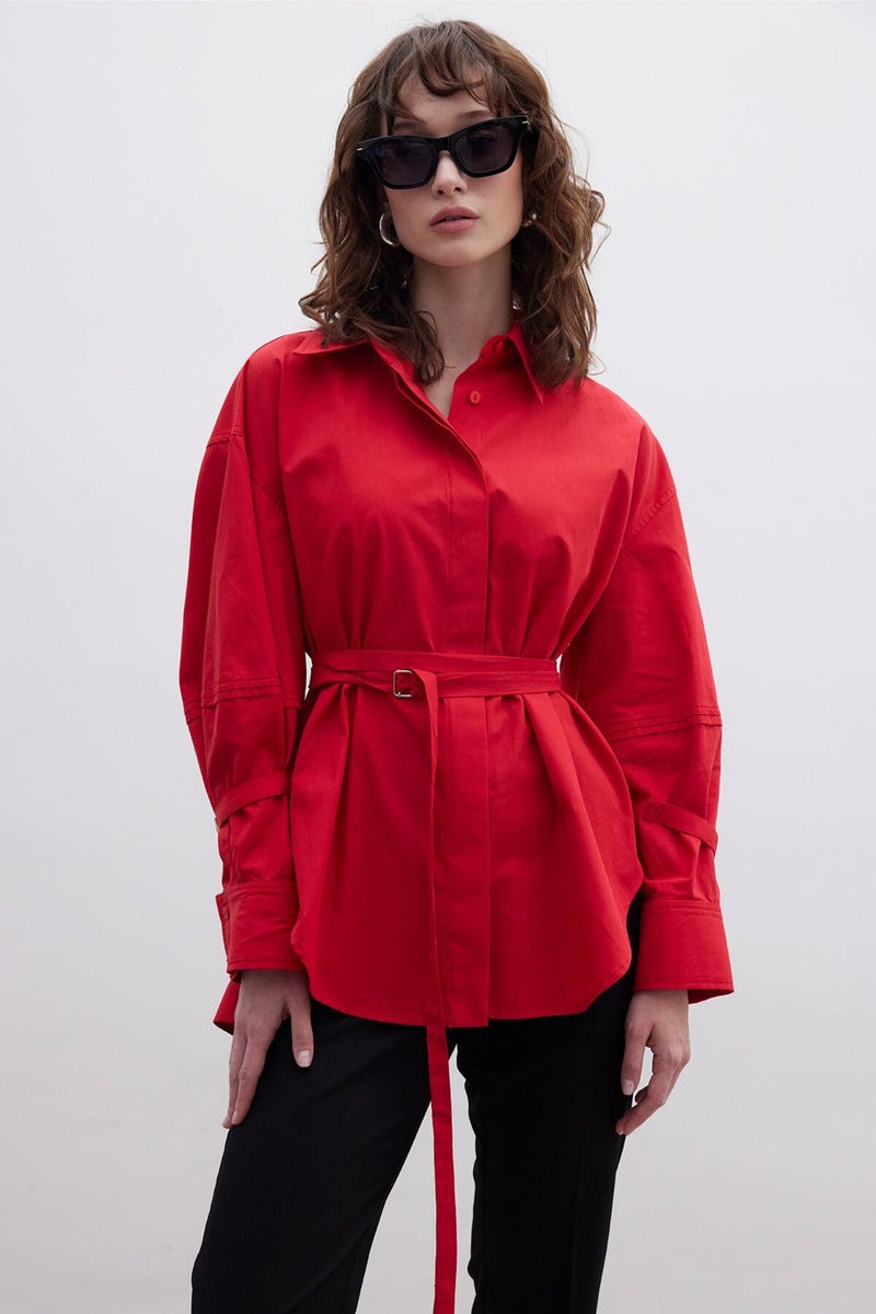 Manuka Belt Detail Shirt Red  - Image 1