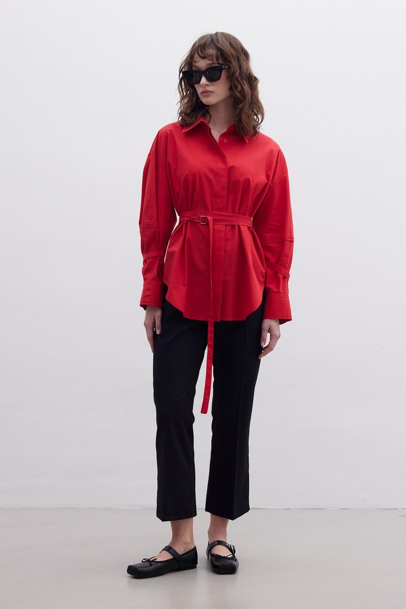 Manuka Belt Detail Shirt Red  - Image 3