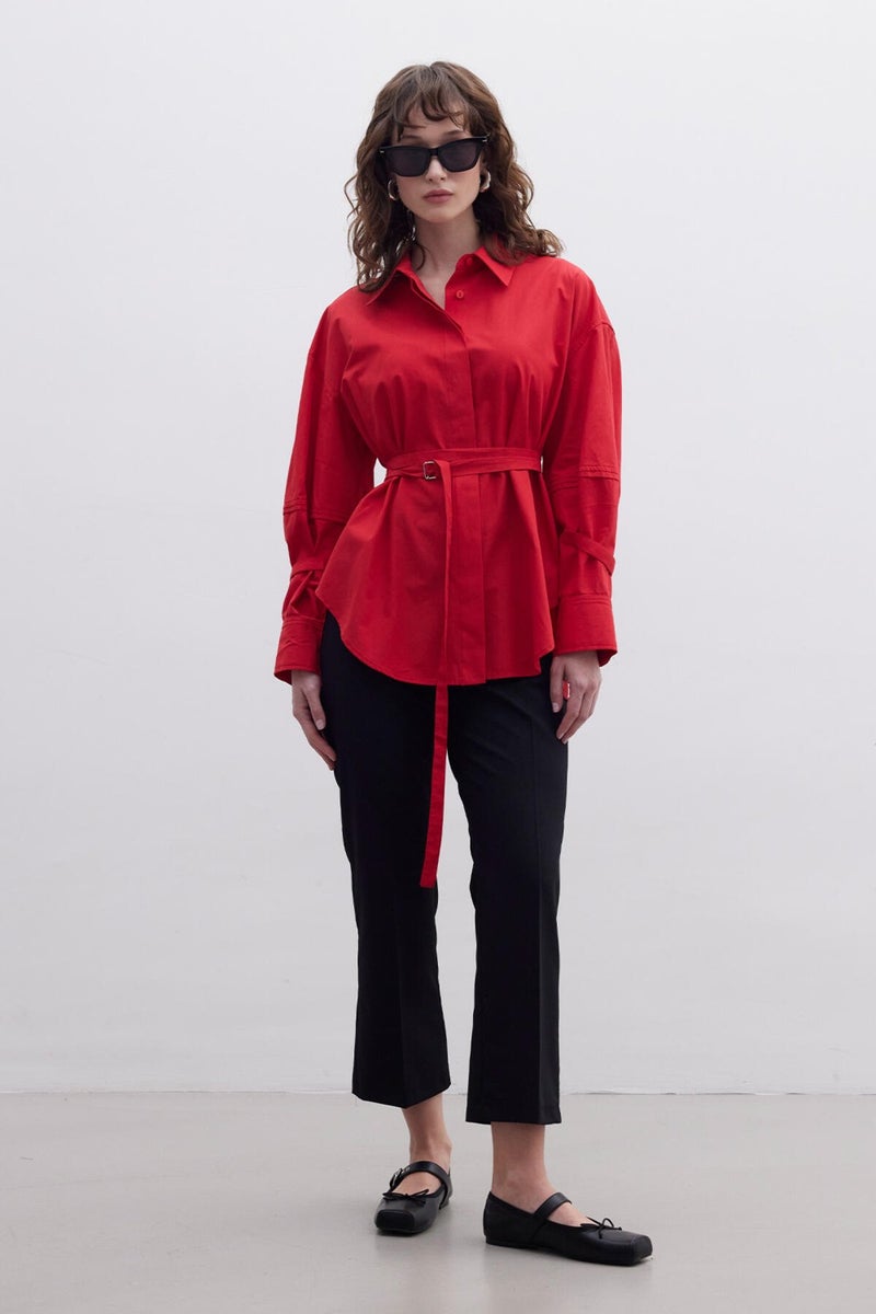 Manuka Belt Detail Shirt Red  - Image 4