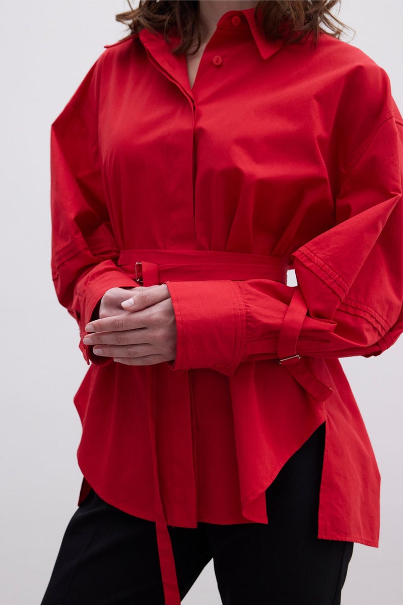 Manuka Belt Detail Shirt Red  - Image 5