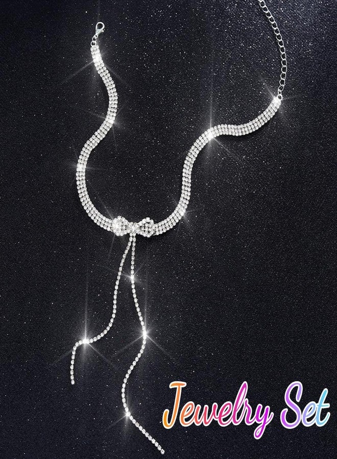Campsis Crystal Rhinestone Bow Choker Necklace, Silver Adjustable Length - Image 2