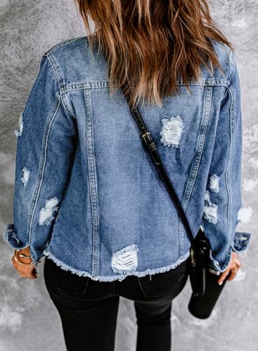 EVALESS Womens Trendy Ripped Distressed Jean Denim Jacket 2025 Fall Spring Pockets Front Slouchy Fray Hem Long Sleeve Coats,Iceland Blue Medium - Image 3