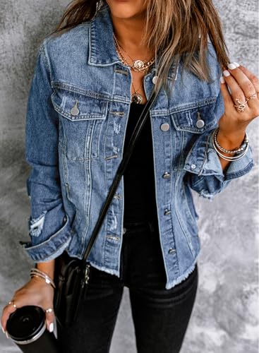 EVALESS Womens Trendy Ripped Distressed Jean Denim Jacket 2025 Fall Spring Pockets Front Slouchy Fray Hem Long Sleeve Coats,Iceland Blue Medium - Image 2