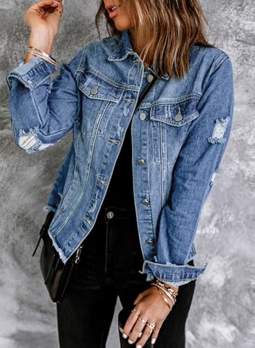 EVALESS Womens Trendy Ripped Distressed Jean Denim Jacket 2025 Fall Spring Pockets Front Slouchy Fray Hem Long Sleeve Coats,Iceland Blue Medium - Image 4