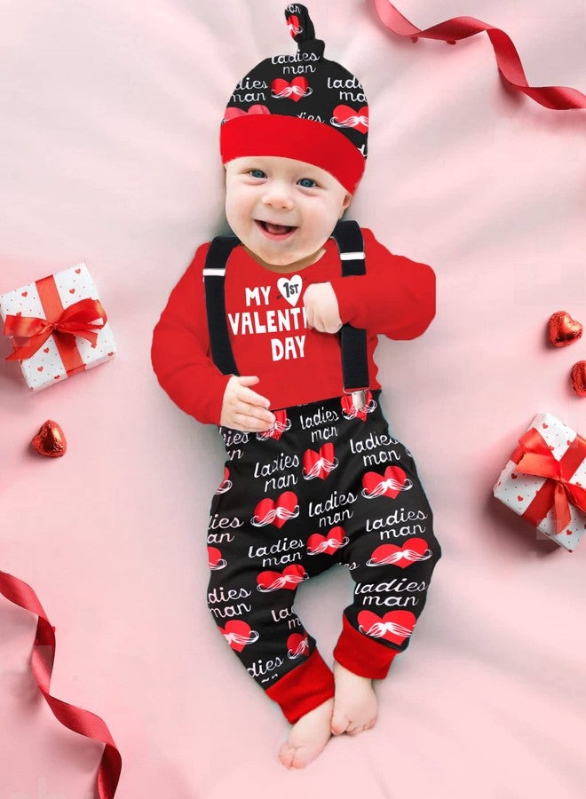 AGAPENG Baby Boy Valentines Day Outfit 9-12 Months My First Valentines Day Romper Bodysuit+ Heart Suspender Pants+Hat 3Pcs - Image 2