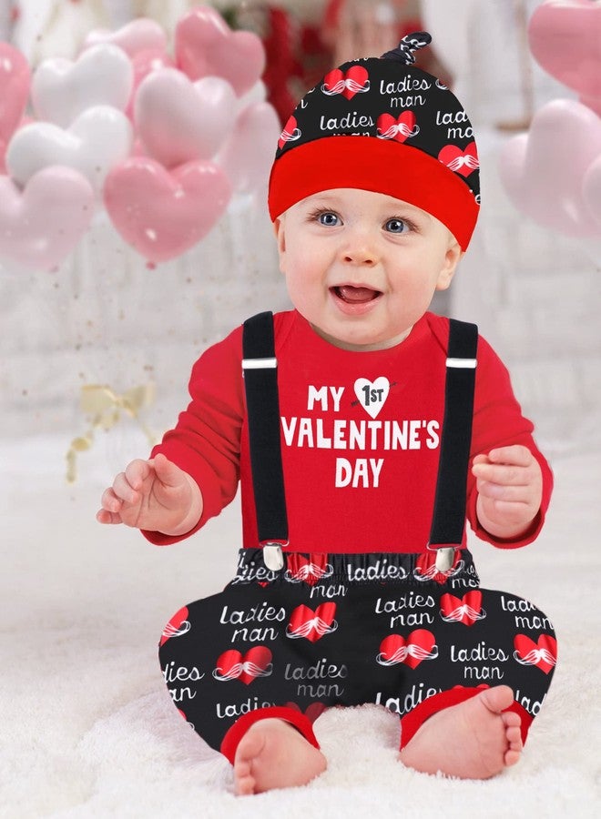 AGAPENG Baby Boy Valentines Day Outfit 9-12 Months My First Valentines Day Romper Bodysuit+ Heart Suspender Pants+Hat 3Pcs - Image 3