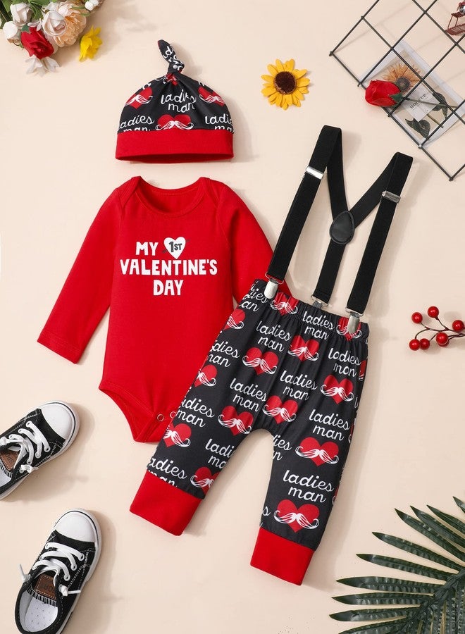 AGAPENG Baby Boy Valentines Day Outfit 9-12 Months My First Valentines Day Romper Bodysuit+ Heart Suspender Pants+Hat 3Pcs - Image 5