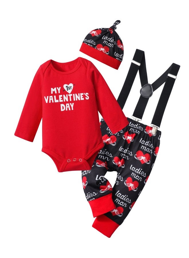 AGAPENG Baby Boy Valentines Day Outfit 9-12 Months My First Valentines Day Romper Bodysuit+ Heart Suspender Pants+Hat 3Pcs - Image 1